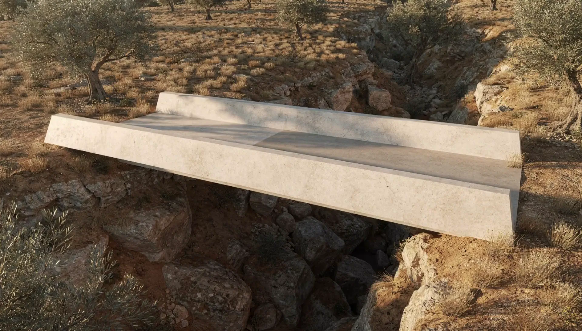 Pale stone bridge spanning a rocky gorge — a Shining Cloud concept