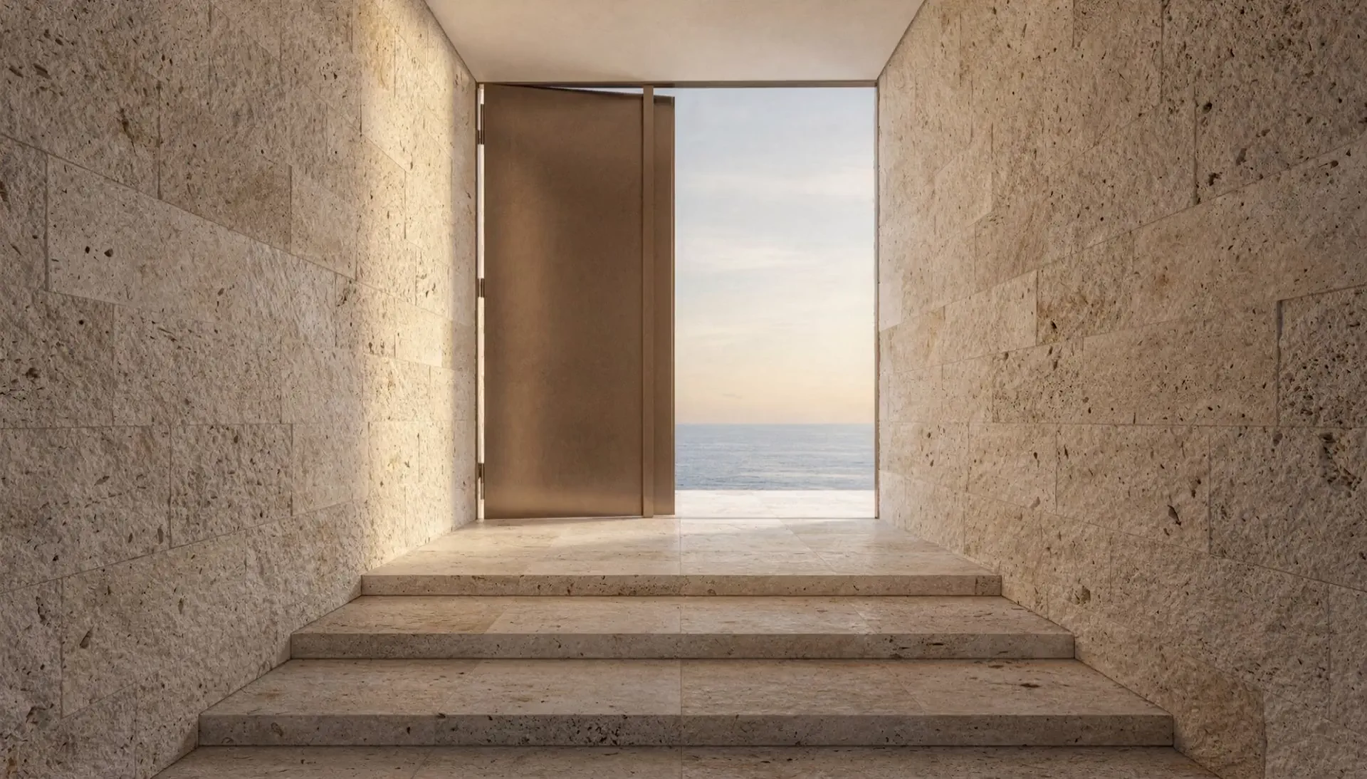 Stone corridor opening onto the sea — a Shining Cloud architectural concept