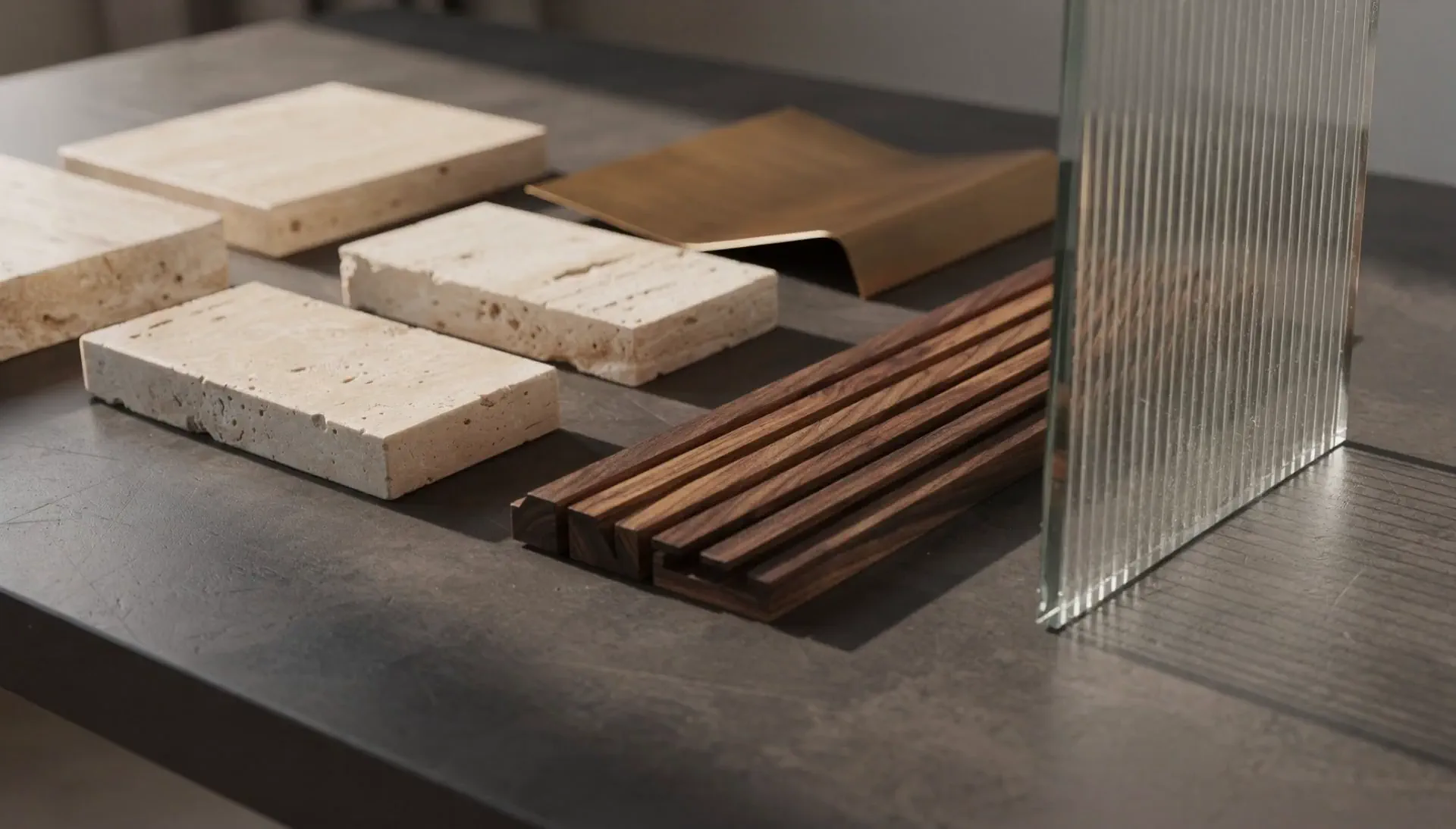 Travertine, timber and fluted glass material samples on a table