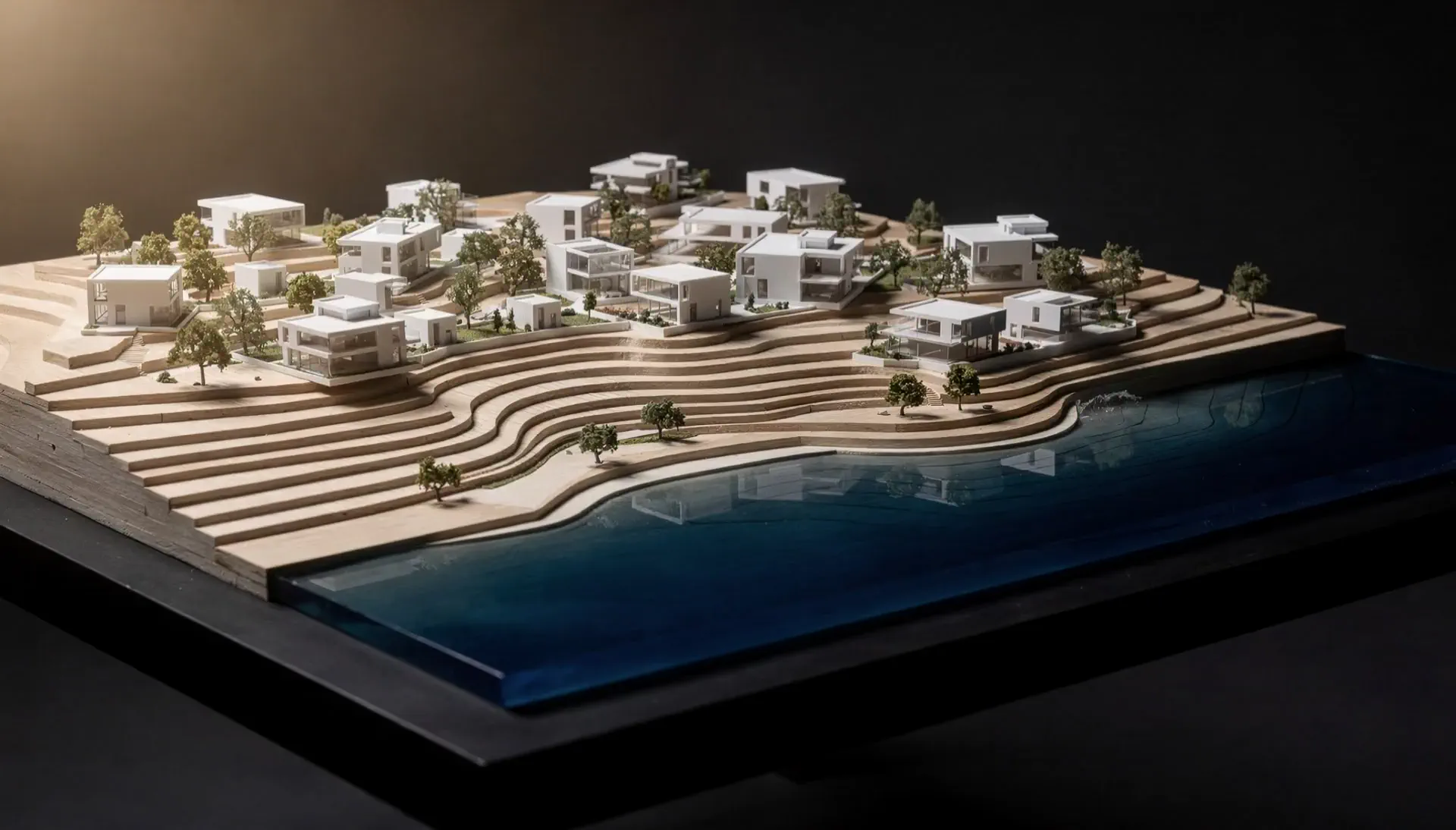 Scale model of hillside villas stepping down to water