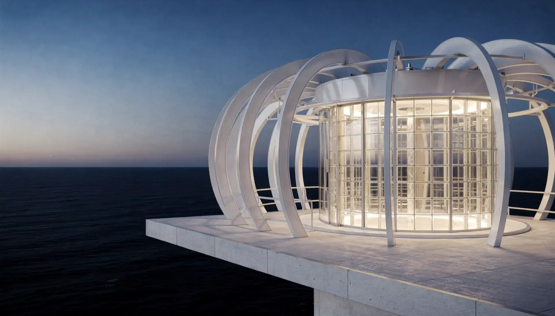 Ribbed white pavilion on a terrace above the sea at dusk — a Shining Cloud concept