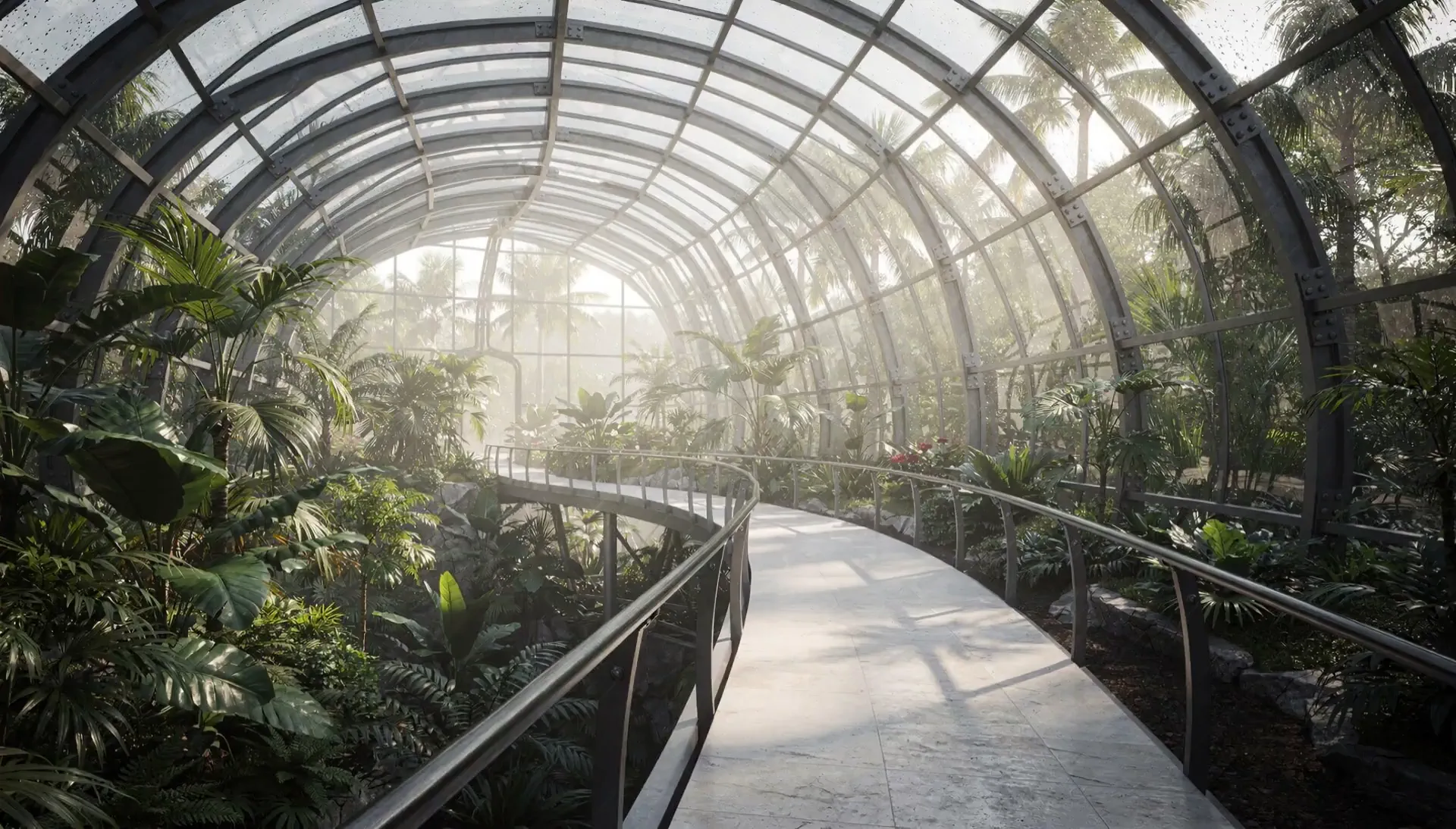 Glasshouse walkway through dense tropical planting — a Shining Cloud concept