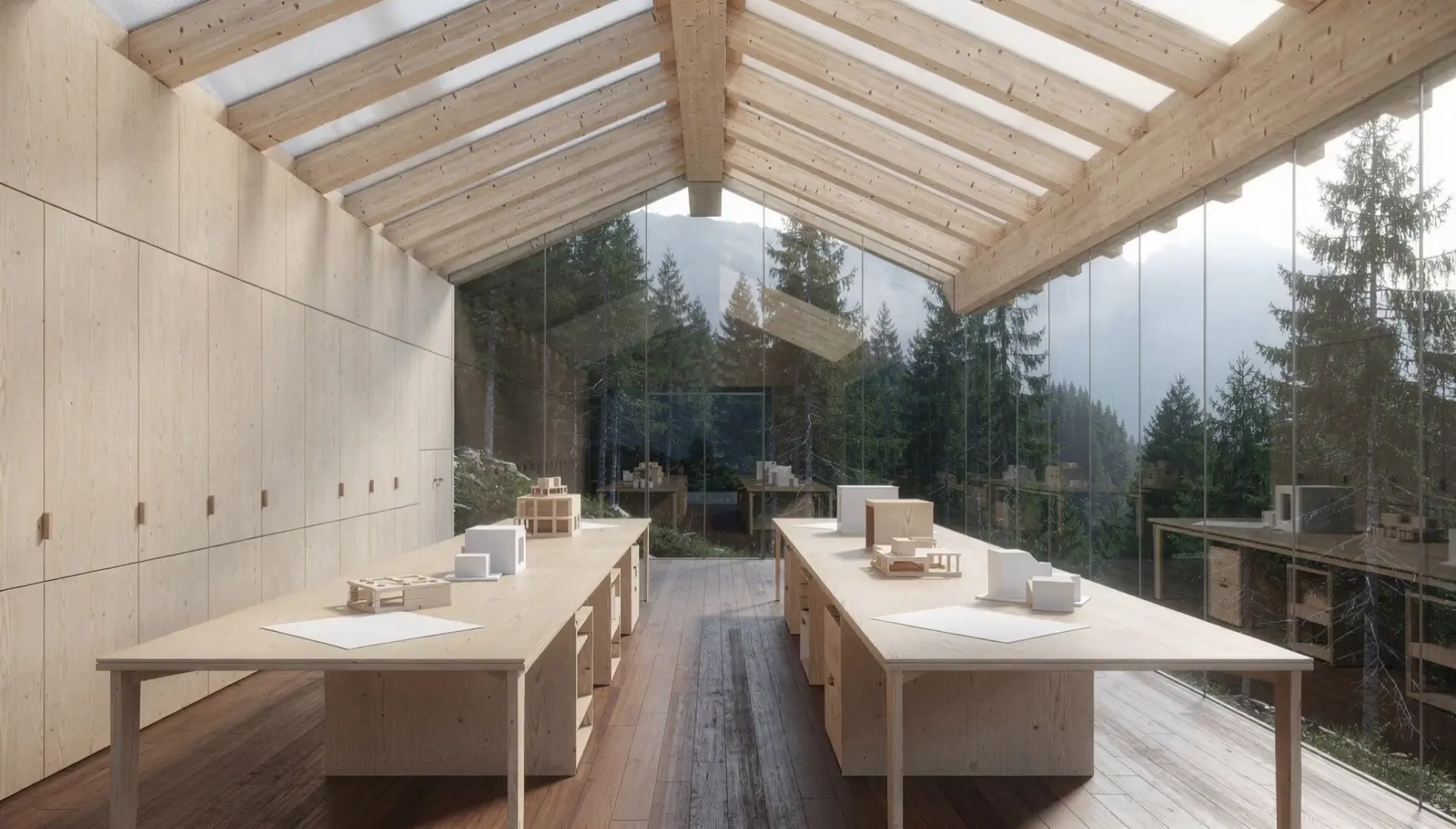 Timber-roofed studio with model tables and a forest view — a Shining Cloud concept