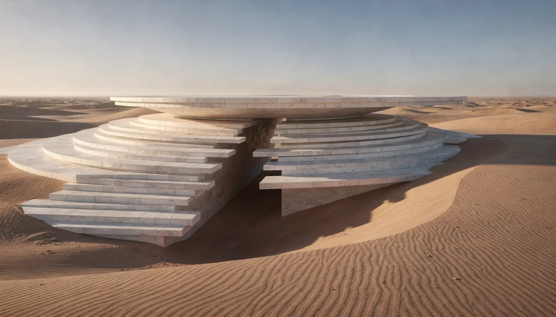 Stone terraces rising out of desert dunes — a Shining Cloud concept