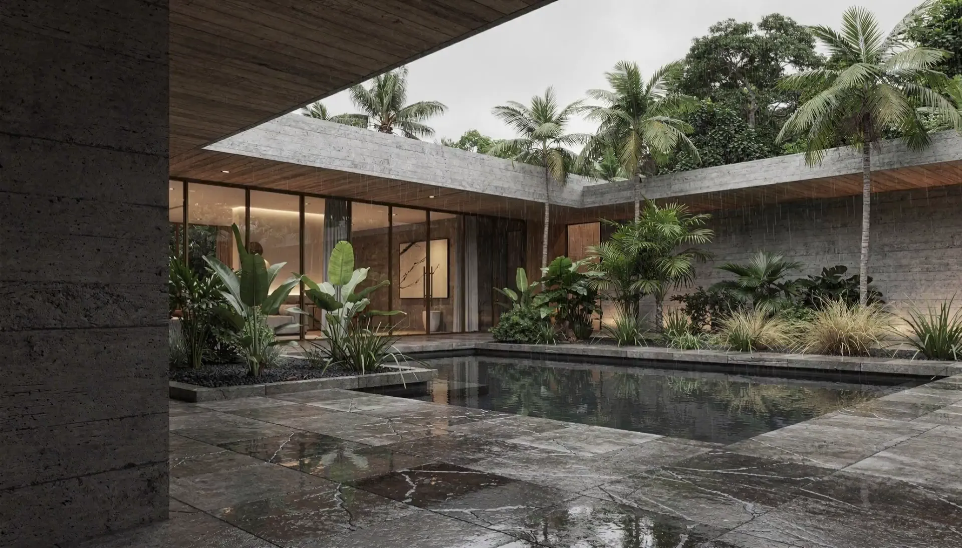 Courtyard house with a reflecting pool and tropical planting — a Shining Cloud concept