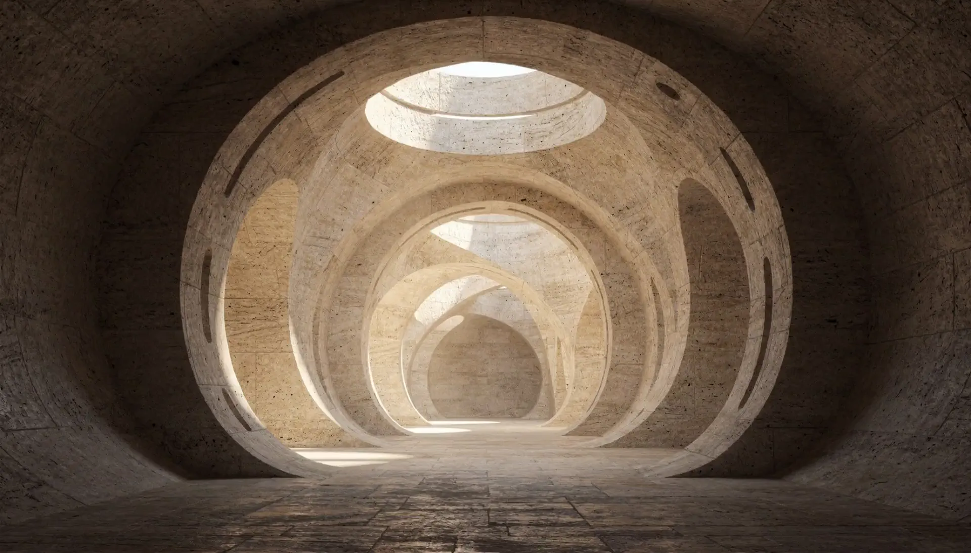 Stone tunnel of circular openings lit from above — a Shining Cloud concept